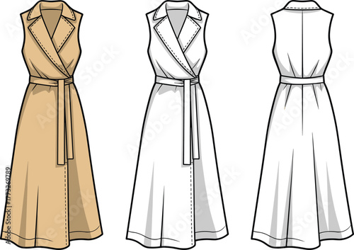 Sleeveless wrap dress fashion template, CAD garment drawing, flat vector illustration, collared bodice design, belted waist sketch, flared skirt outline