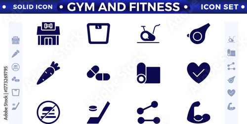 Gym and fitness icon set. Containing healthy lifestyle, weight training, body care, and workout or exercise equipment icons. Solid icon collection. 