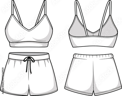 Sports bra and shorts fashion template, activewear garment design, flat sketch CAD vector illustration, athletic clothing technical drawing, front back view apparel