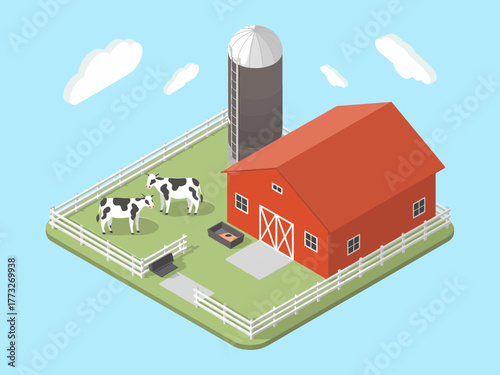 Barnyard with silo on blue sky backdrop, fenced pasture, black and white cows, country farm icon, vector