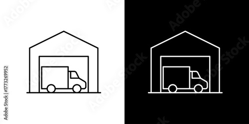 Minimalist Line Icon Depicting a Delivery Vehicle Inside a Warehouse Building, Representing Logistics and Storage Solutions