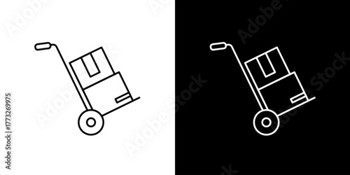 Minimalist line art icon of a hand trolley with a package. Vector illustration for logistics, shipping, and warehouse operations