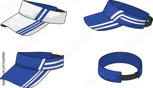 Sports visor cap front, side and back view, white and blue color variations, curved brim, adjustable strap, cad drawing flat vector illustration