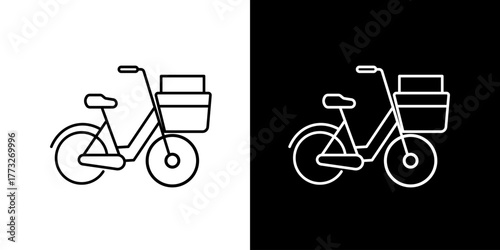 Minimalist line art icon of a classic bicycle with a front basket, symbolizing urban mobility, eco-friendly delivery, and everyday commuting