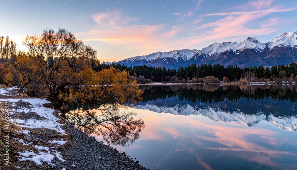 Fototapeta premium Calm lake reflects snow-capped mountains under dawn sky