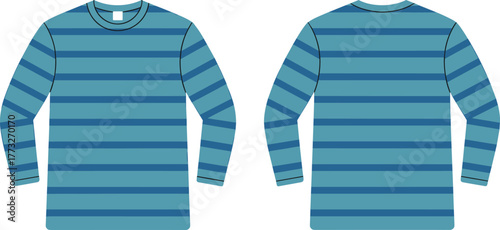 Striped long sleeve shirt front back view, horizontal stripe casual fashion apparel, round neck garment template, cad drawing flat vector illustration