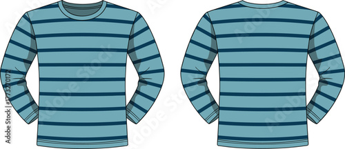 Striped long sleeve shirt front back view, horizontal stripe casual fashion apparel, round neck garment template, cad drawing flat vector illustration