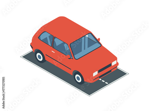 Classic compact car illustration, isometric red sedan on platform, perspective transport icon, automotive design element, vector
