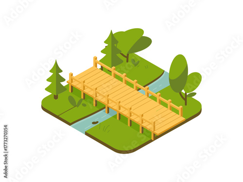 Isometric wooden bridge over stream, small park landscape, trees and shrubs, tranquil walking path, nature scene vector