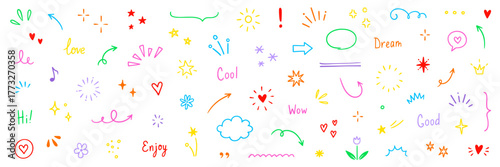 Line arrow, star, heart cute icon elements. Hand drawn sketch heart, arrow, star, flower decoration symbols. Simple sketch line style emphasizes abstract graphic elements. Vector illustration