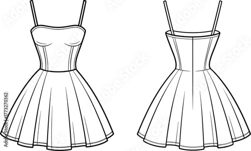 Sweetheart neckline dress fashion template, CAD garment drawing, flat vector illustration, corset bodice design, flared skirt sketch, sleeveless clothing outline