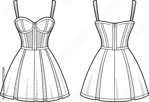 Sweetheart neckline dress fashion template, CAD garment drawing, flat vector illustration, corset bodice design, zipper front sketch, flared skirt outline