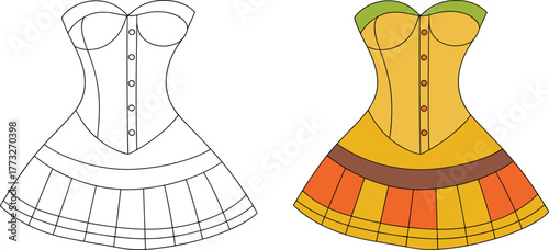 Sweetheart neckline dress front view, fitted bodice with button detail, flared skirt seam design, fashion template illustration, cad drawing flat vector