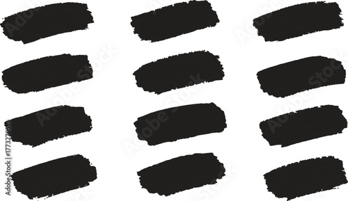 Ink brushstroke and paintbrush template with splashes grunge. Vector set black ink brush stroke. Dirty artistic design elements. Grunge splatter, dirt stain, brush with drops blots.