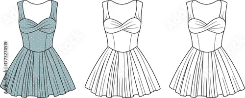 Sweetheart neckline dress, sleeveless flared silhouette, twisted bust detail, polka dot pattern, fashion flat sketch, cad drawing, vector illustration