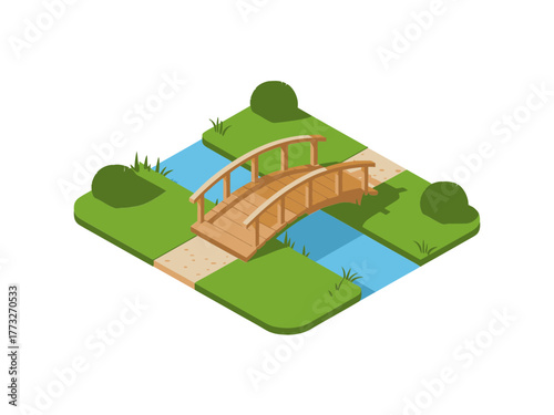 Isometric park footbridge, gentle arch over creek, grassy mounds with shrubs, relaxing garden miniature, nature theme vector illustration