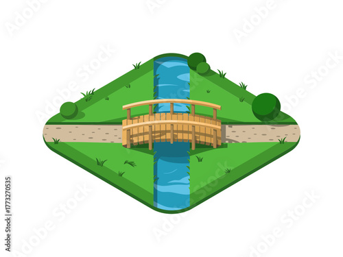 Isometric river bridge landscape, wooden crossing over blue stream, banks with bushes, geometric base tile, detailed vector artwork