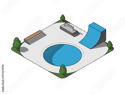 Isometric skate park scene, concrete bowl, quarter ramp, metal rail, bench seating, trees and shrubs, urban recreation vector