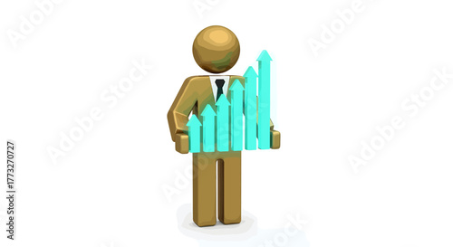 Visualize your company growth and financial success with this 3D figure holding vibrant upward arrows showing business progress and optimistic future outlook