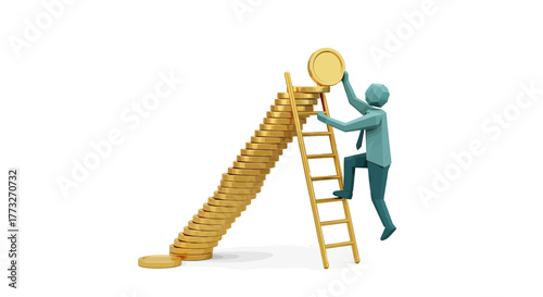 Reach financial goals with steady growth and dedicated effort shown by a businessman climbing a ladder towards increasing wealth represented by gold coins