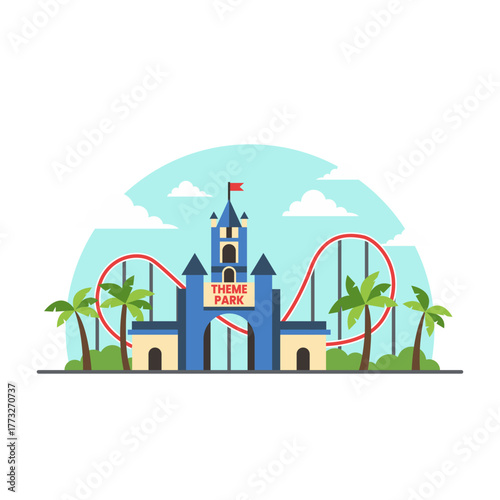 Amusement Park Castle Gate with Palm Trees and Roller Coaster