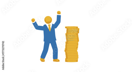 Energetic businessman celebrates financial success near golden coins, envisioning wealth and prosperity, perfect for illustrating investment growth