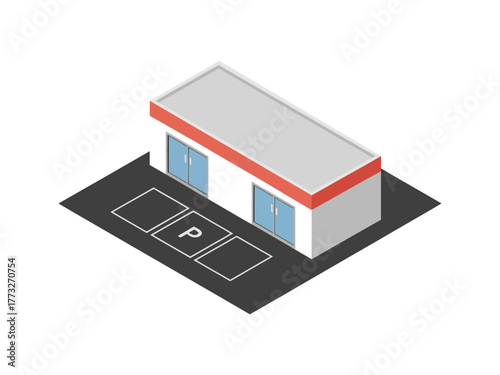 Small retail storefront, single level shop, reserved parking bay, glass windows, red roof trim, neighborhood commercial building vector