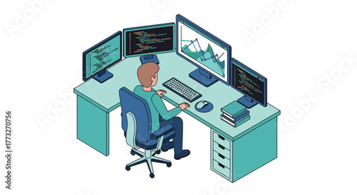 Focused developer coding with multiple monitors, a modern tech workspace for software development and data analysis, perfect for showcasing digital expertise