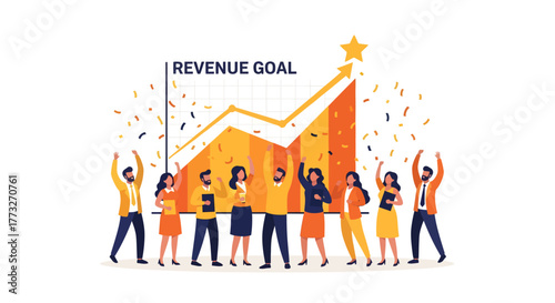 Dynamic team celebrating smashing revenue goal with confetti shower and upward trending success chart, illustrating victory and achievement in business
