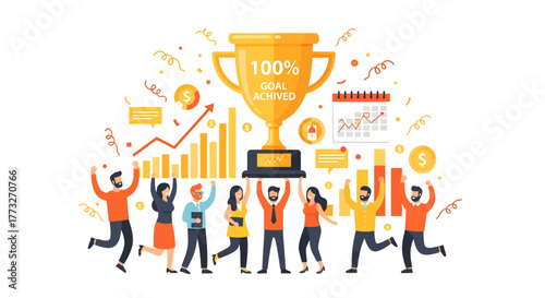 Celebrate your company's success with this vibrant team cheering for a 100% goal achieved, perfect for showcasing business growth and celebrating milestones