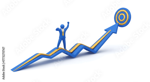 Achieving targets and celebrating success, a 3D businessman riding an upward trending arrow to a bullseye, symbolizing growth and accomplishment