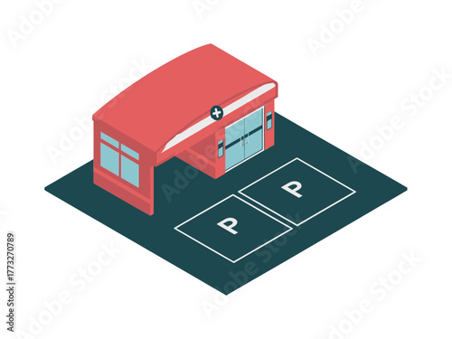 Isometric auto service garage, red workshop building, overhead door, parking spaces marked, exterior lighting, mechanical service shop vector