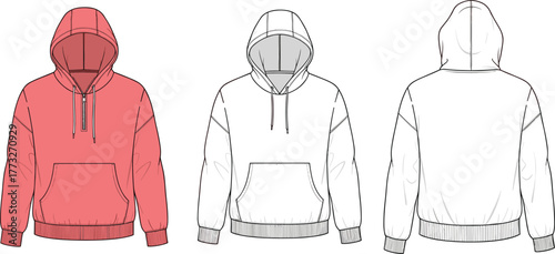Unisex hoodie flat sketch, CAD drawing, drawstring hood, kangaroo pocket, ribbed cuffs and hem, vector template, garment design, technical illustration