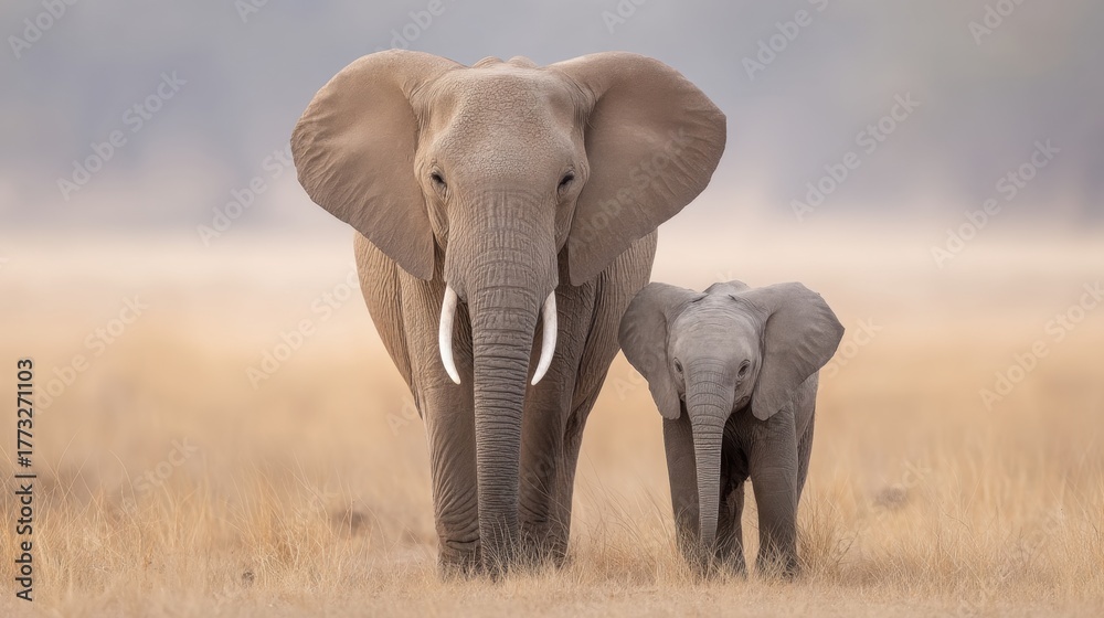 Fototapeta premium Elephant Mother Standing Proudly Beside Her Baby in a Beautiful Savanna Landscape Under a Clear Blue Sky