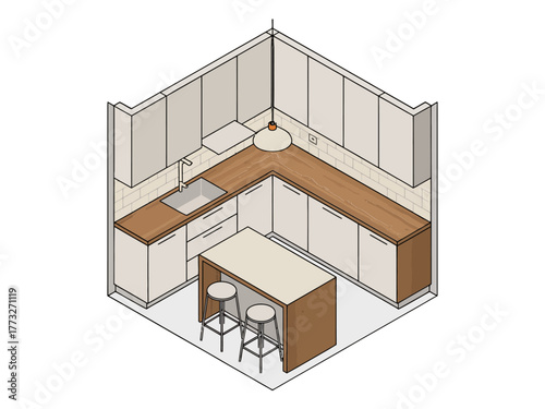 L shaped kitchen layout, ceiling pendant, two stools, wood countertop, neutral cabinetry, cozy cooking space, clean minimalist design