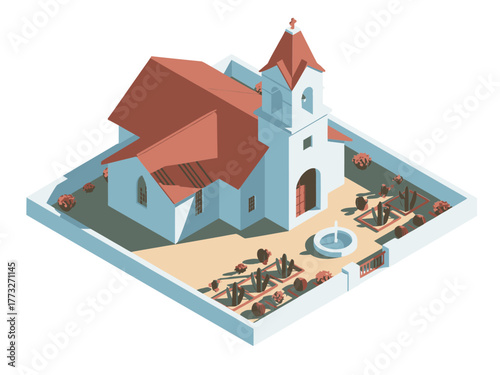 Coastal chapel complex, red roofs, courtyard poolside seating, white bell tower, palm planters, sunny resort landmark illustration