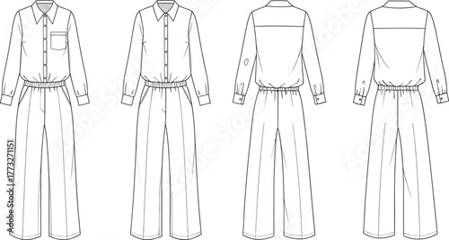 Unisex jumpsuit flat sketch, CAD drawing, collared neckline, button front placket, elastic waist, wide leg pants, vector template, garment design