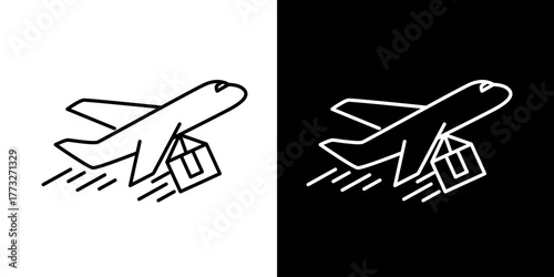Clean line art vector icon depicting an airplane in flight with a package, symbolizing fast air cargo delivery, global logistics, and express shipping services