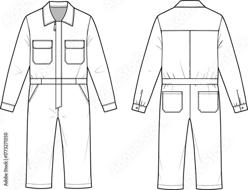 Unisex utility jumpsuit vector, technical flat sketch of workwear coverall with long sleeves, zipper front, and pocket details