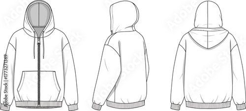 Unisex zip-up hoodie flat sketch, casual sweatshirt vector template with front zipper, kangaroo pocket, drawstring hood, and ribbed cuffs