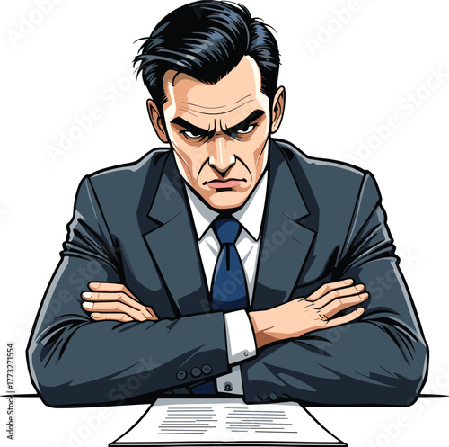 Angry Boss or Businessman with Crossed Arms and Furious Expression Vector Cartoon