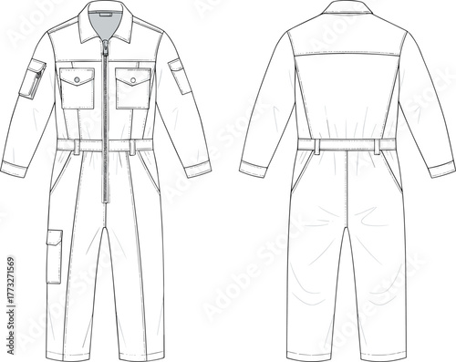 Utility jumpsuit technical flat vector, women coverall with cargo pockets and belt loops, front and back CAD fashion template