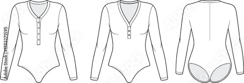 V‑neck bodysuit fashion template, CAD garment drawing, flat vector illustration, button placket design, long sleeve sketch, high cut clothing outline V‑neck bodysuit fashion template