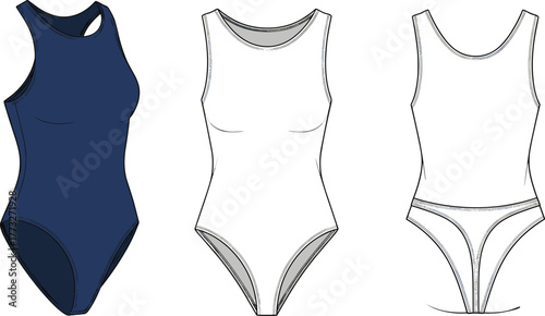 Women bodysuit CAD drawing, fashion flat vector template, swimsuit technical sketch front and back, apparel design for clothing production illustration