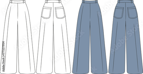 Wide leg pants design, high waist fashion illustration, CAD garment template, flat vector drawing, denim style, patch pockets, back view Wide leg pants design, high waist fashion illustration