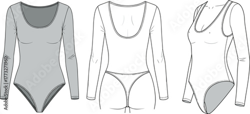 Women bodysuit fashion illustration, technical flat sketch, CAD drawing, vector template, apparel design, garment construction, clothing outline, digital fashion art