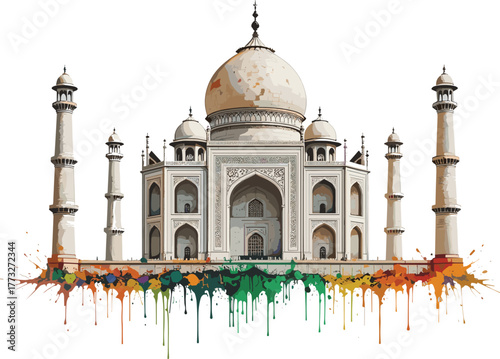 Watercolor Splash Taj Mahal Monument with Abstract Paint Effect Vector Illustration