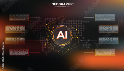 Futuristic orange technology infographic template in a glassmorphism style with a global map background, 8 text box spaces, and a central button. Design for presentations, AI innovation, UI UX. Glass 