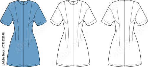 Women short sleeve dress flat sketch, fitted bodice with princess seams and flared skirt template, fashion cad drawing, clothing design vector illustration