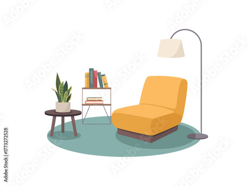 Minimal lounge setup, yellow armchair comfort, floor lamp light, small plant, side table with book, home interior vector